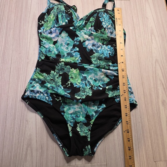 Seekers Essentials Black Blue Floral One Piece Swimsuit Tummy‎ Control US 8 NWT - Picture 9 of 9
